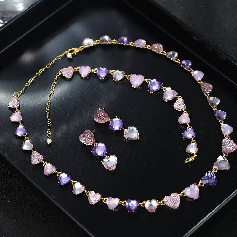 Wholesale Second-hand Diamond Color Heart Niche Fashion Temperament High-grade Bracelet Earring Necklace Set